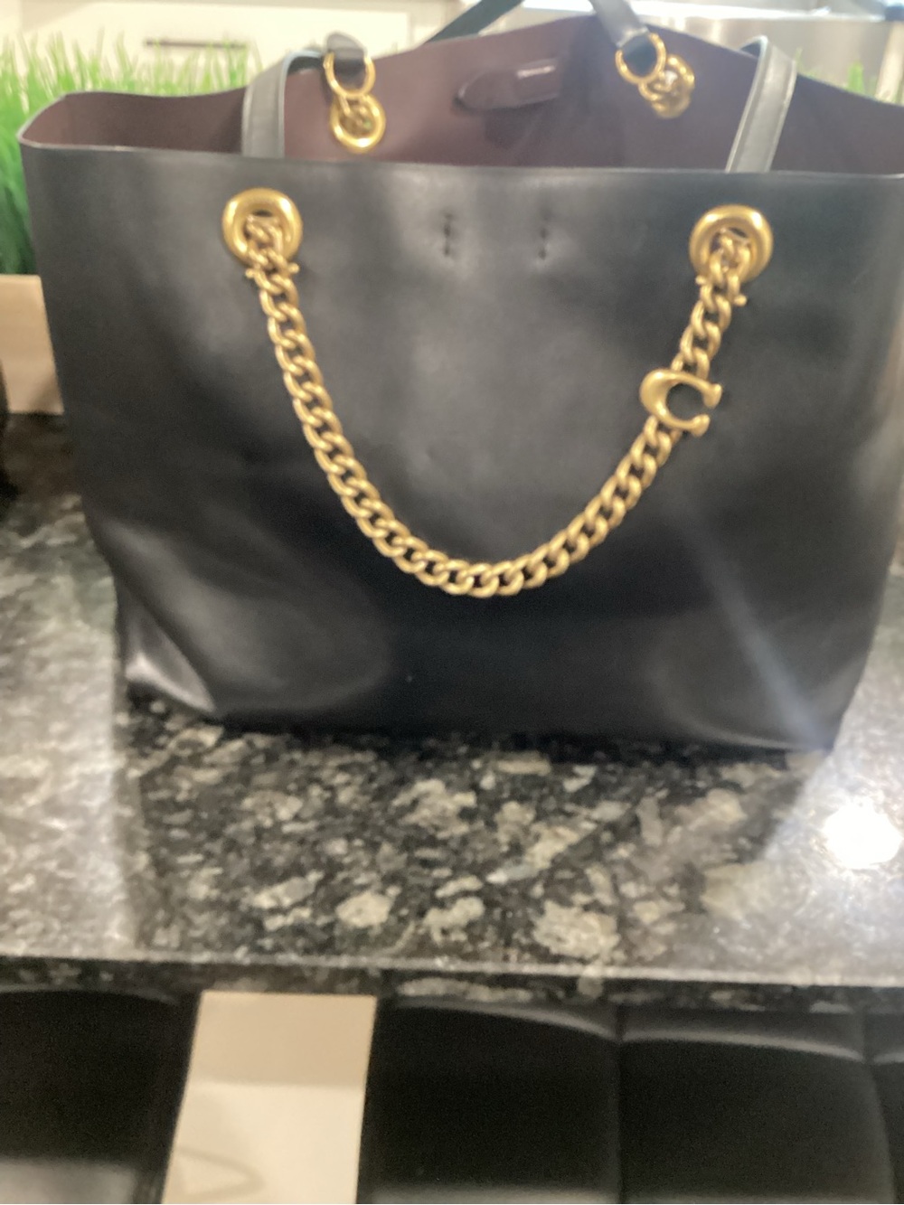 Coach Black Leather Tote with Gold Chain Handles - Picture 3 of 6